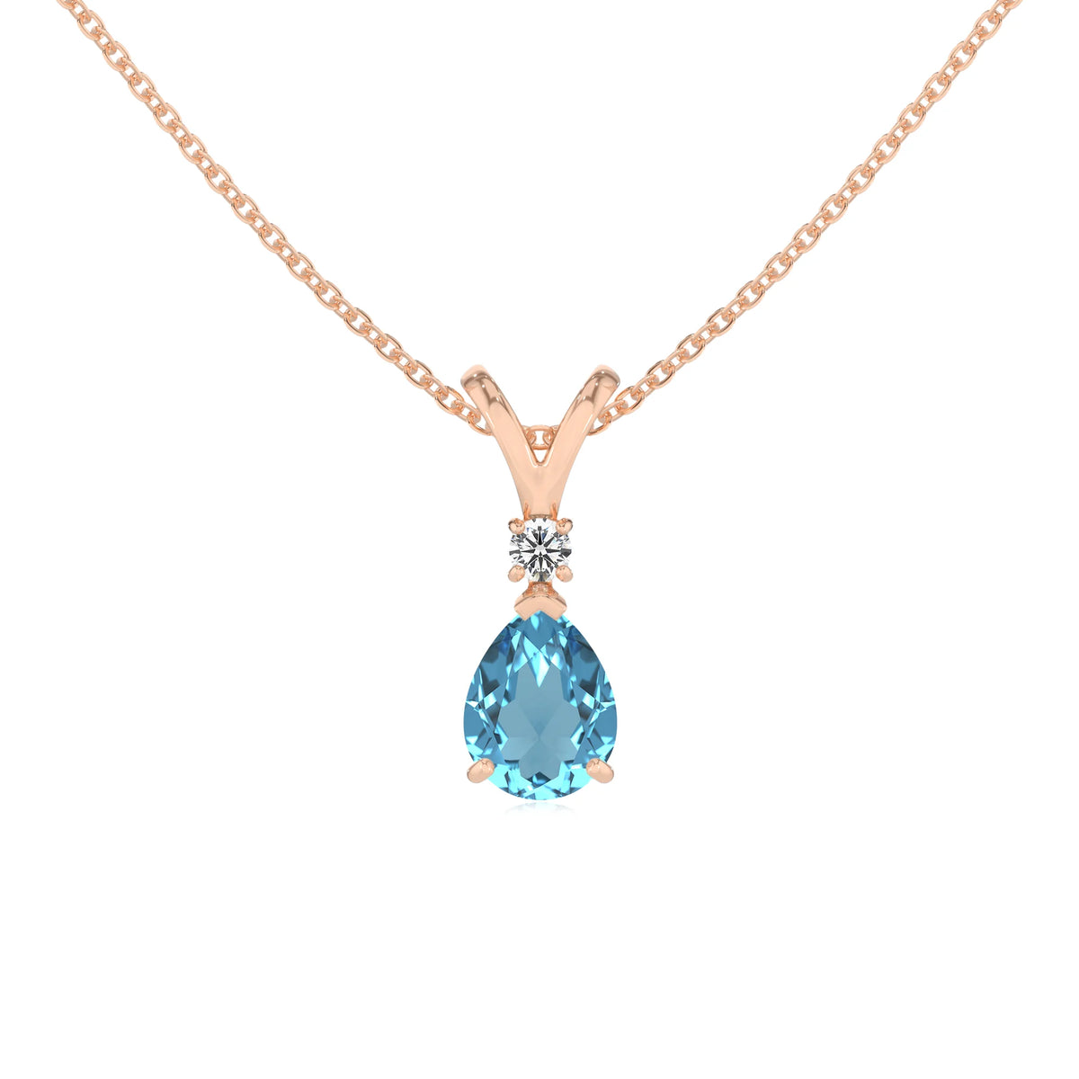 natural swiss-blue-topaz pear solitaire v-bale necklaces in rose gold 