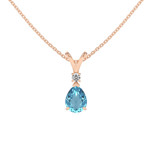natural swiss-blue-topaz pear solitaire v-bale necklaces in rose gold 