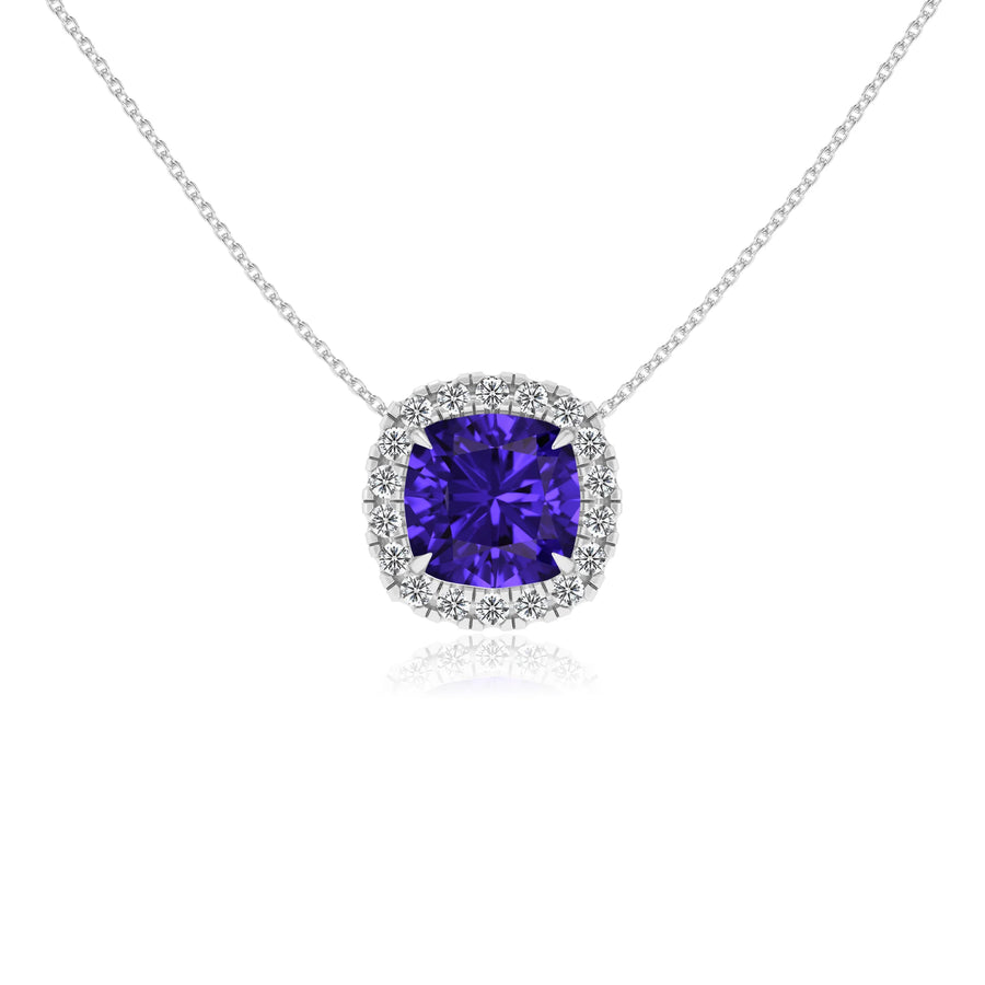 lab grown tanzanite cushion solitaire necklaces in white gold 