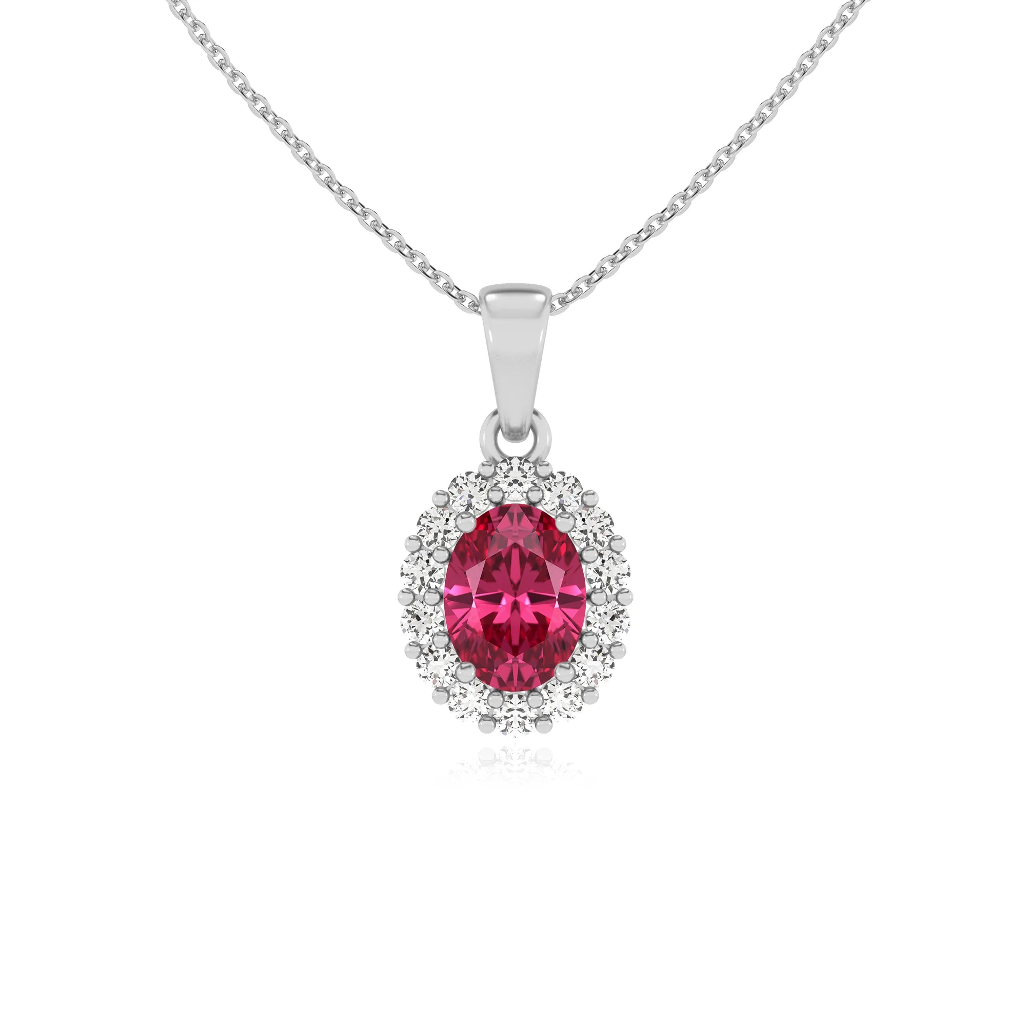 lab grown pink-tourmaline oval solitaire necklaces in white gold 