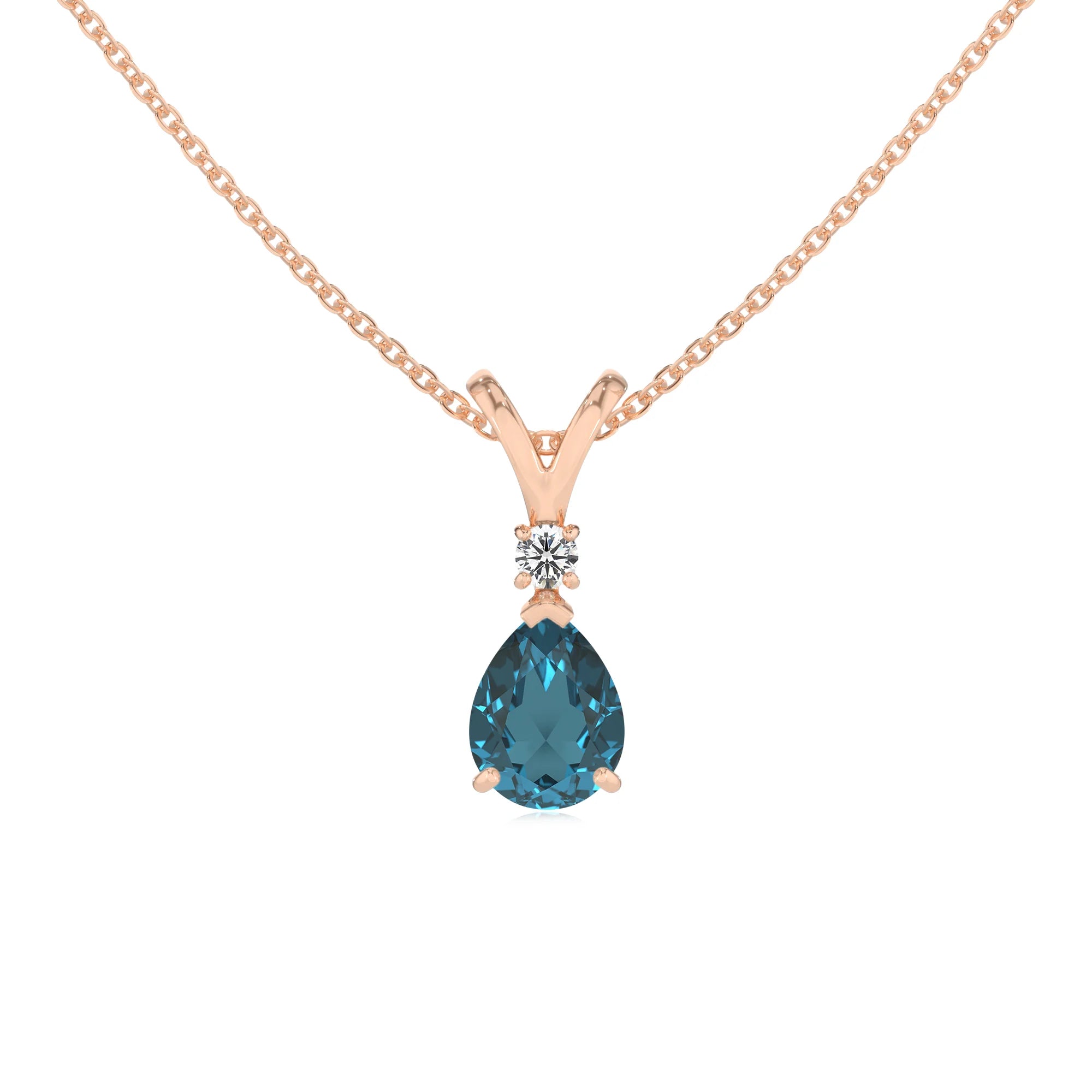 natural london-blue-topaz pear solitaire v-bale necklaces in rose gold 