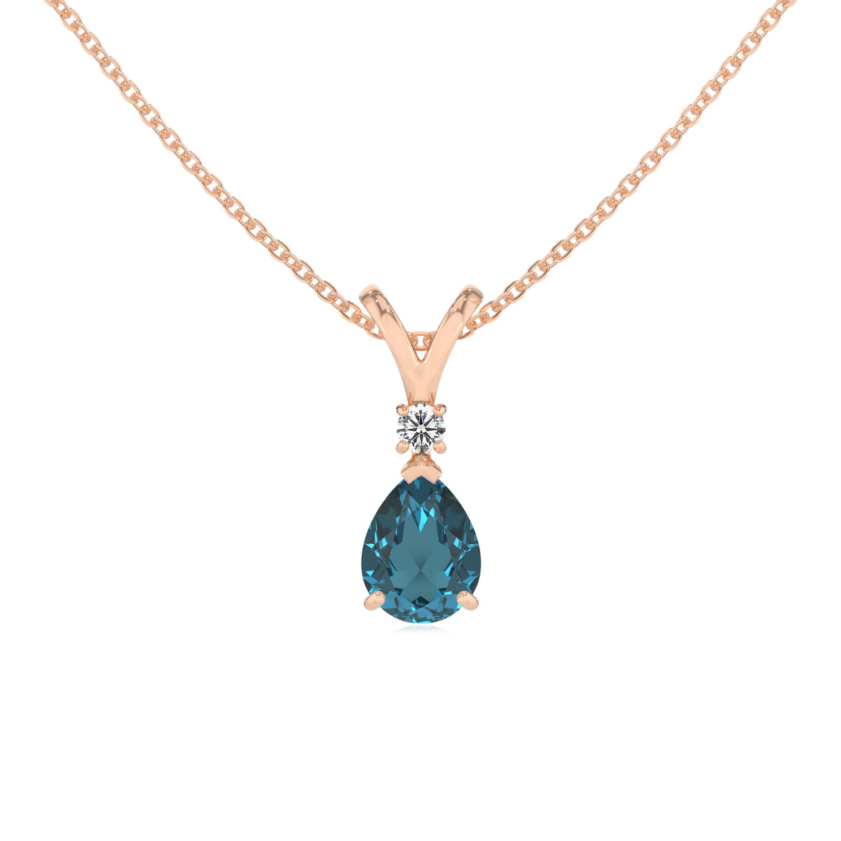 natural london-blue-topaz pear solitaire v-bale necklaces in rose gold 