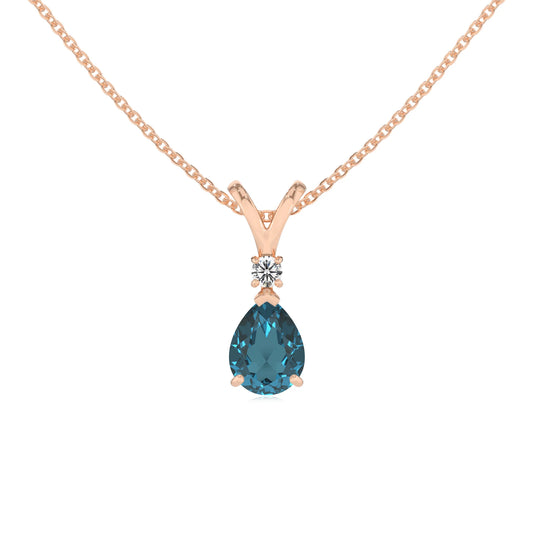 natural london-blue-topaz pear solitaire v-bale necklaces in rose gold 