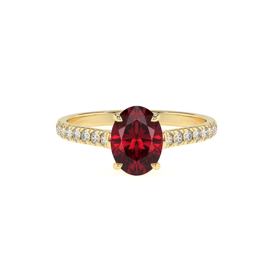 lab grown ruby oval half eternity solitaire engagement rings in yellow gold 