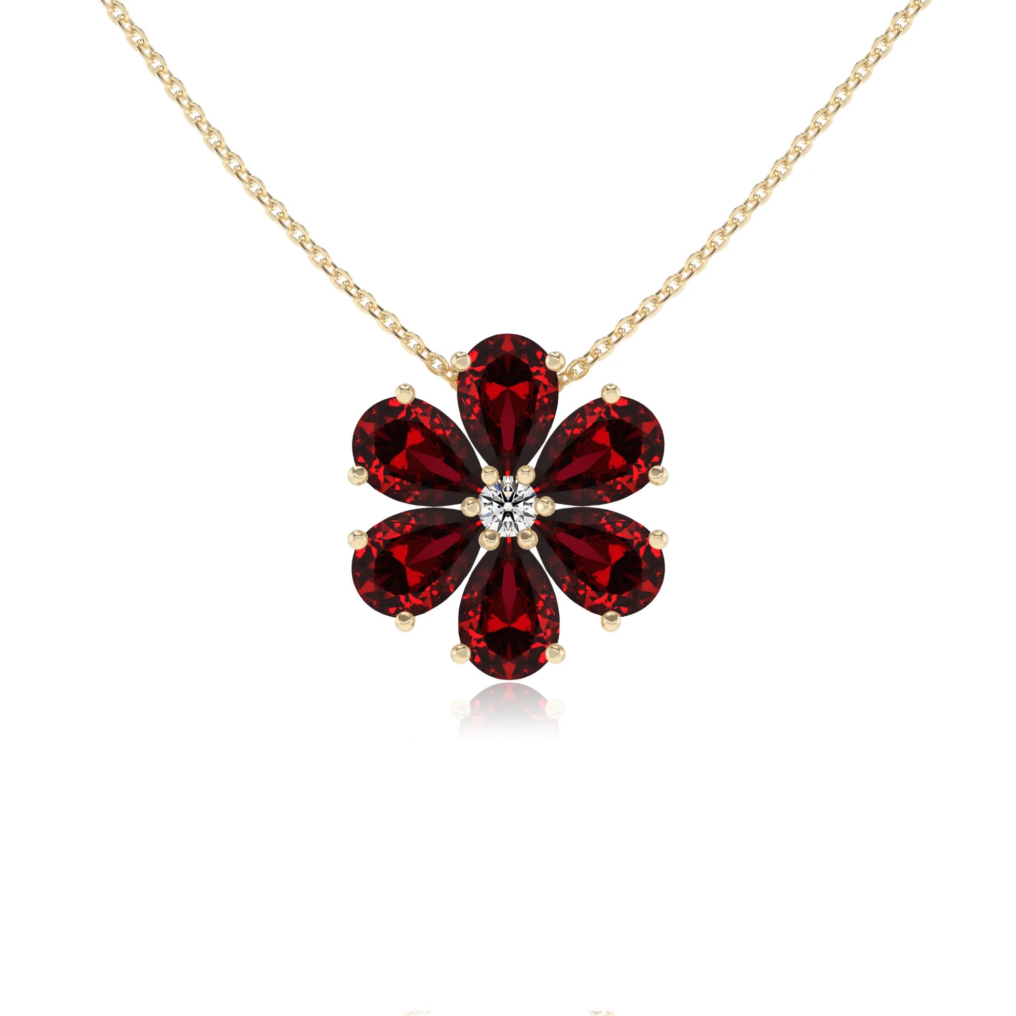 lab grown ruby pear solitaire necklaces in yellow gold 