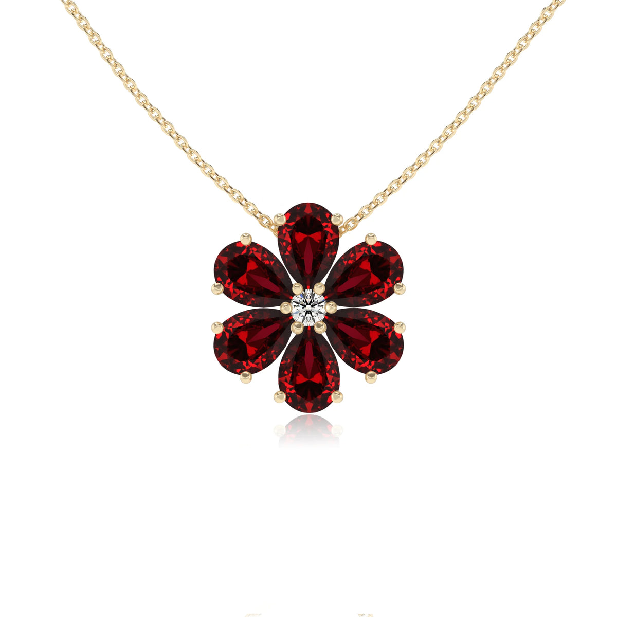 lab grown ruby pear solitaire necklaces in yellow gold 