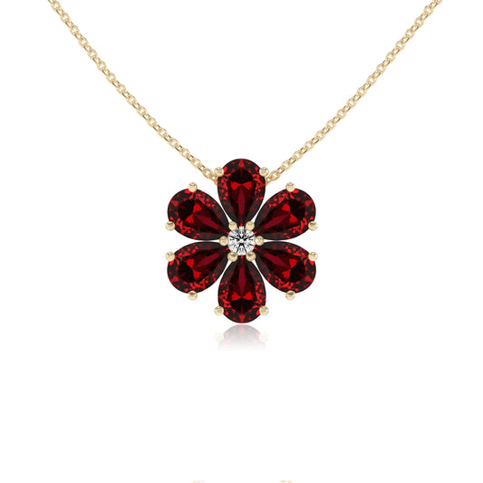 lab grown ruby pear solitaire necklaces in yellow gold 