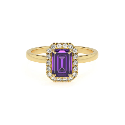 lab grown amethyst emerald cut solitaire rings in yellow gold 