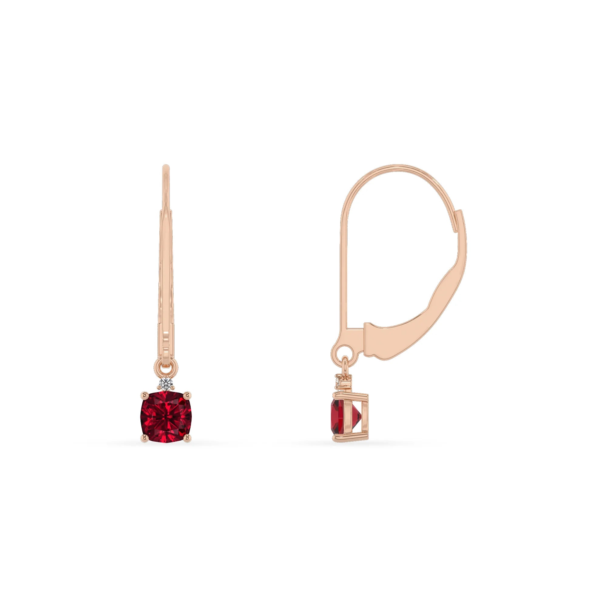 lab grown ruby cushion drop earrings in rose gold 