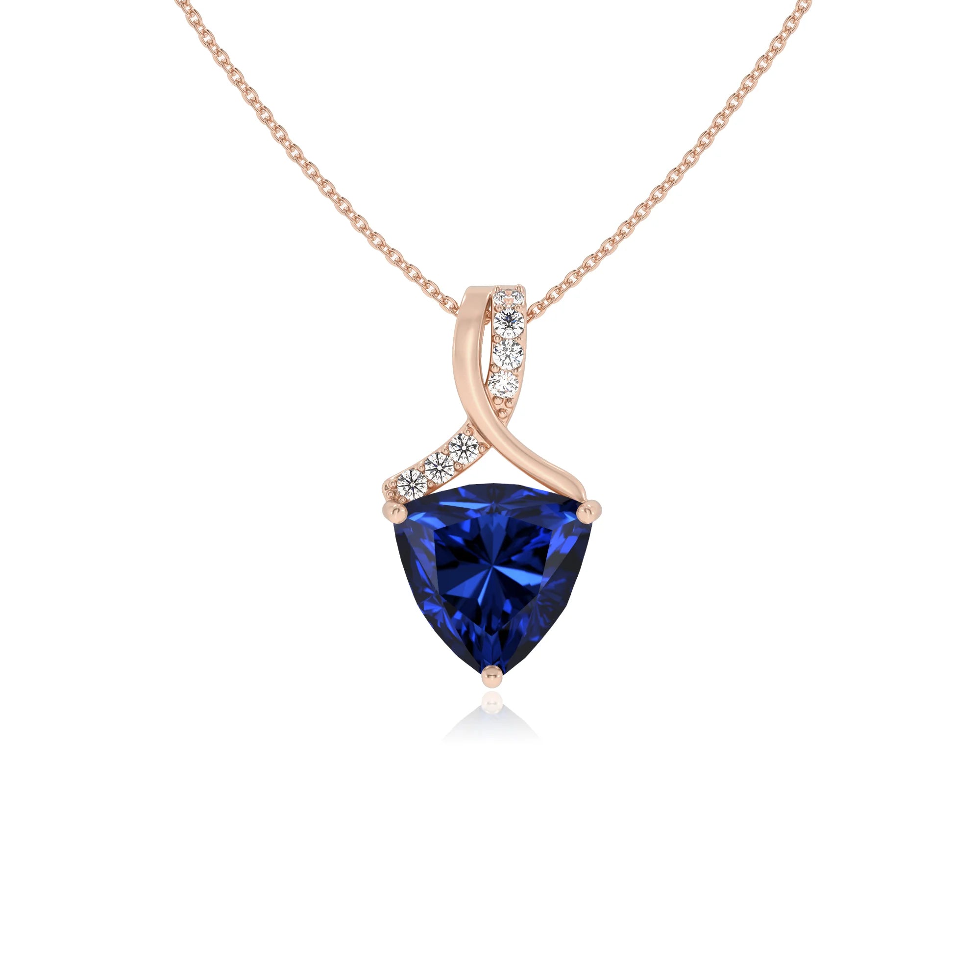 lab grown blue-sapphire trillion solitaire necklaces in rose gold 