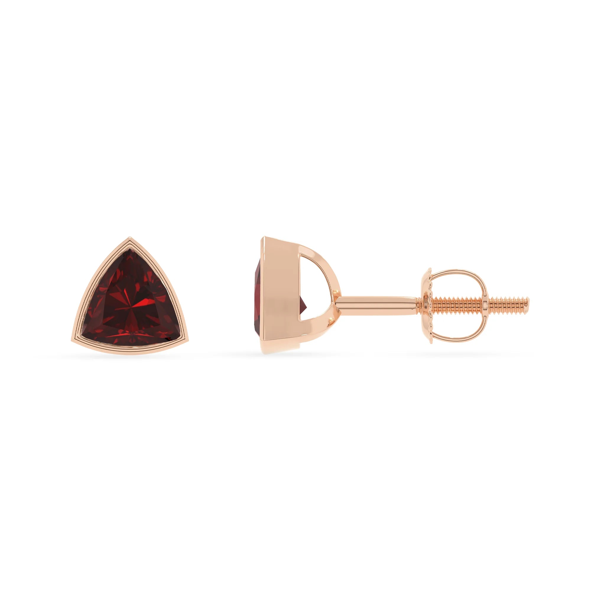 natural garnet trillion stud earrings in rose gold 