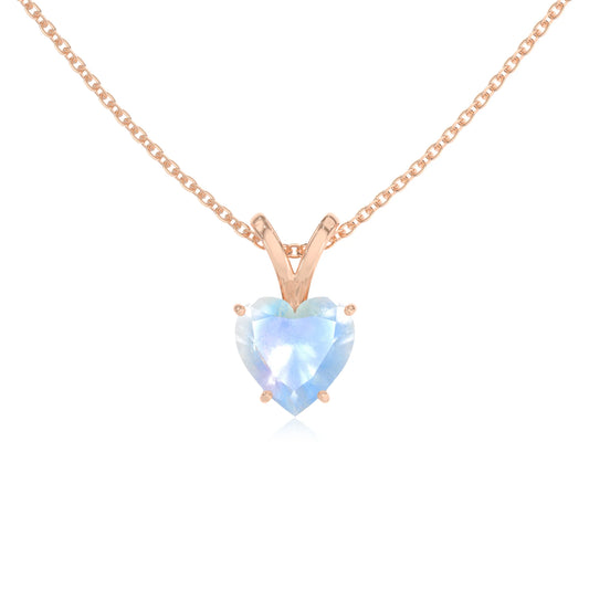 natural rainbow-moonstone heart solitaire v-bale necklaces in rose gold 