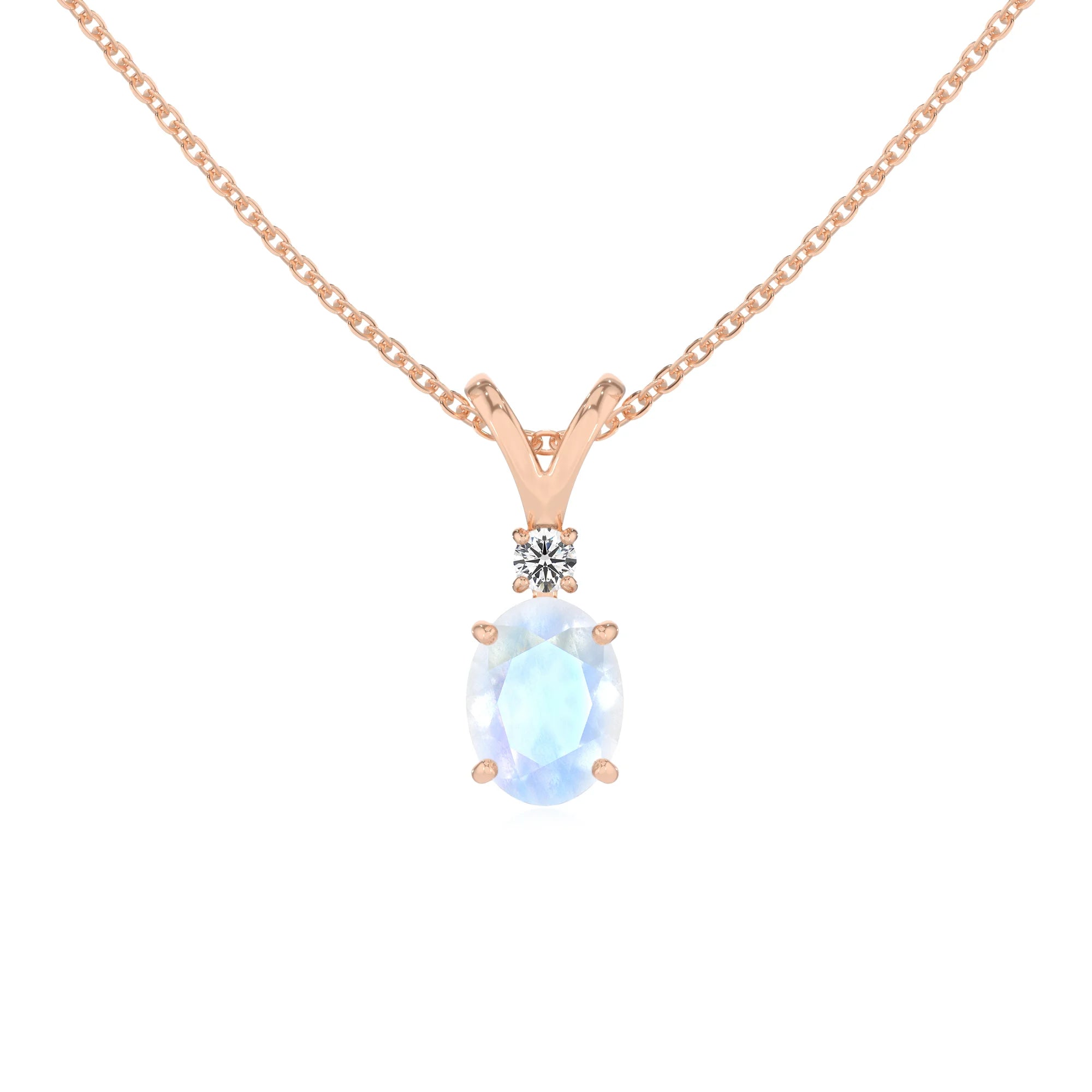 natural rainbow-moonstone oval solitaire v-bale necklaces in rose gold 