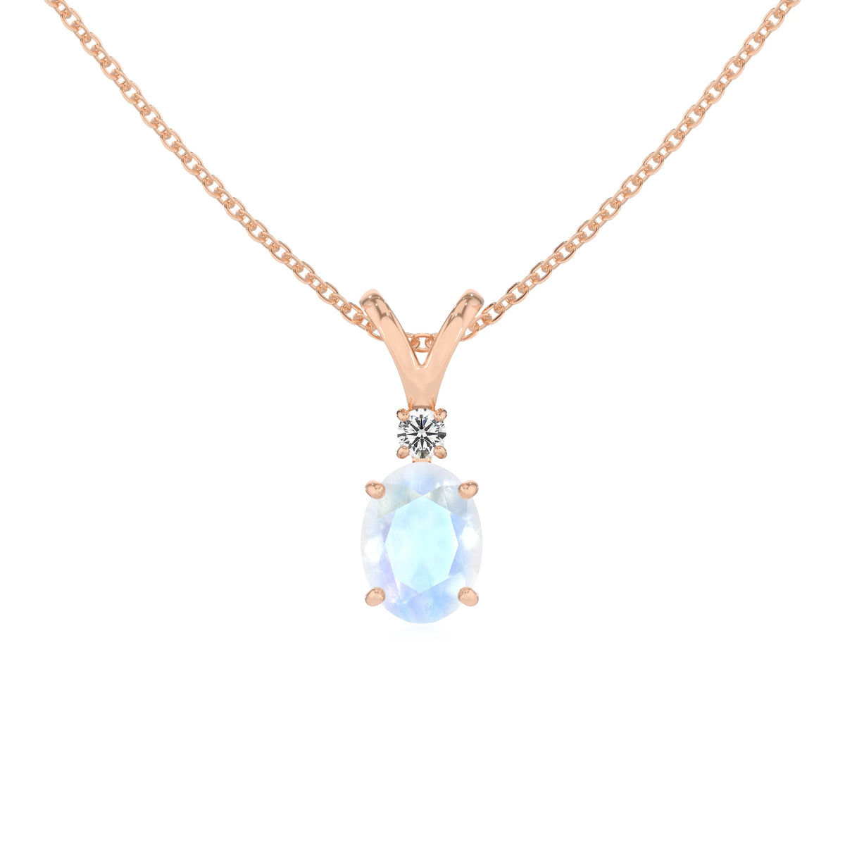 natural rainbow-moonstone oval solitaire v-bale necklaces in rose gold 
