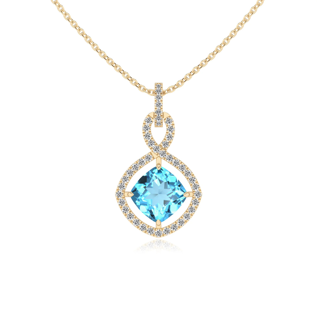 natural swiss-blue-topaz cushion infinity necklaces in yellow gold 