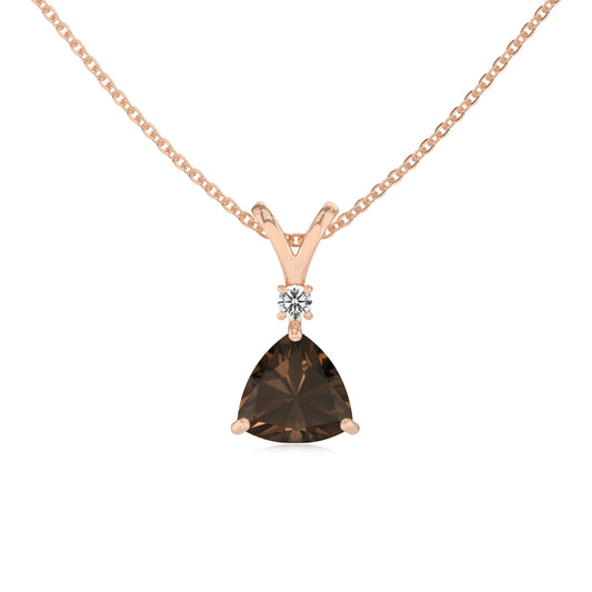 natural smoky-quartz trillion solitaire v-bale necklaces in rose gold 