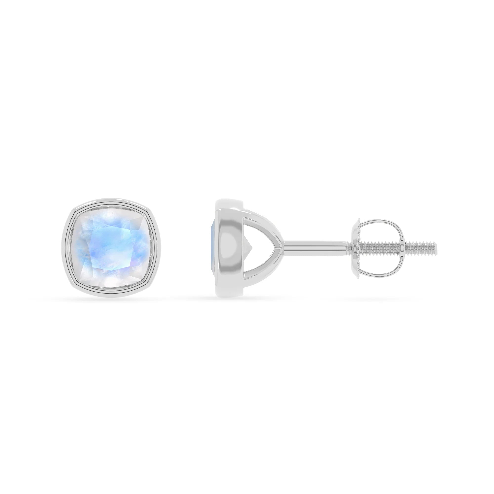 natural rainbow moonstone cushion stud earrings in white gold 