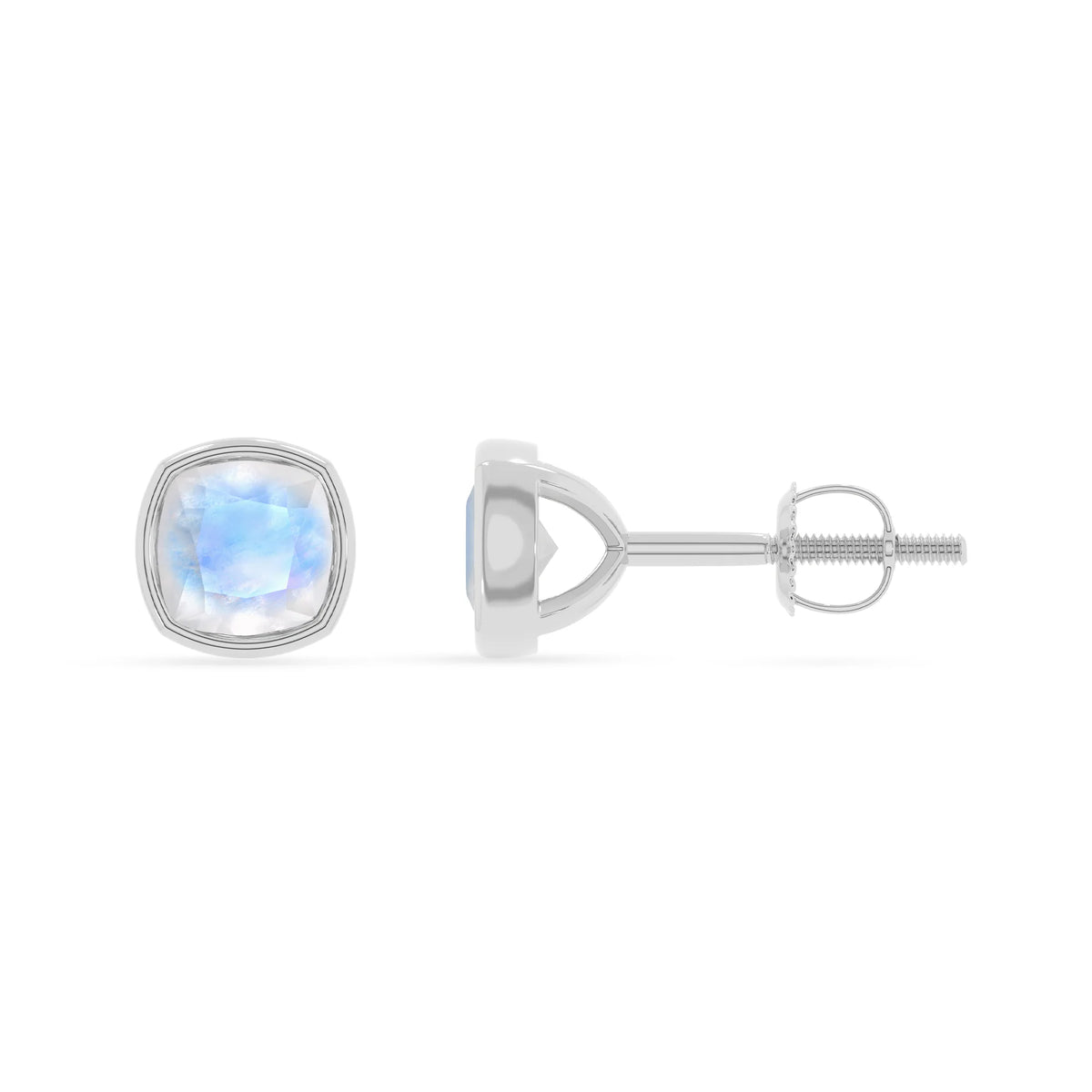 natural rainbow moonstone cushion stud earrings in white gold 