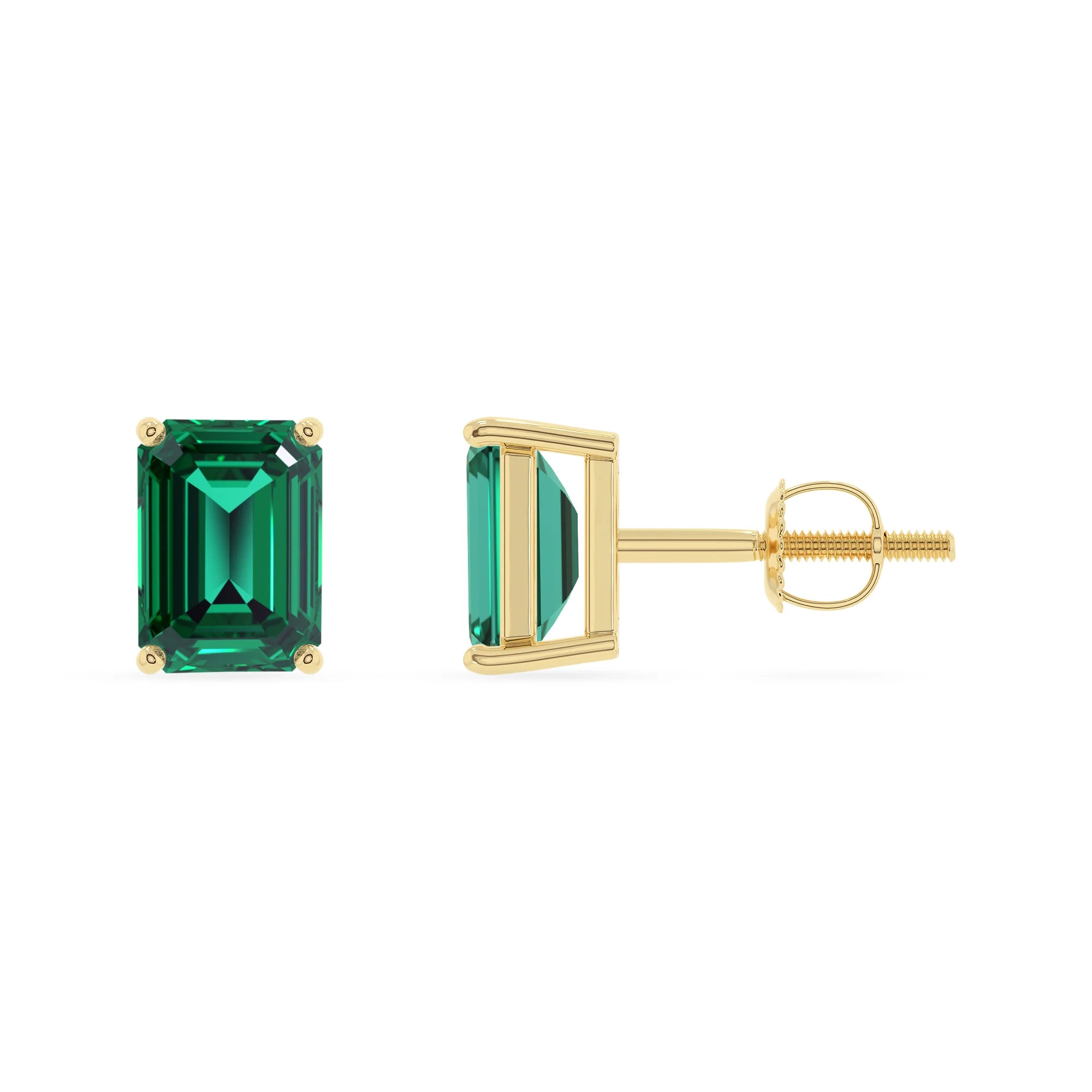 lab grown emerald octogon cut stud earrings in yellow gold 