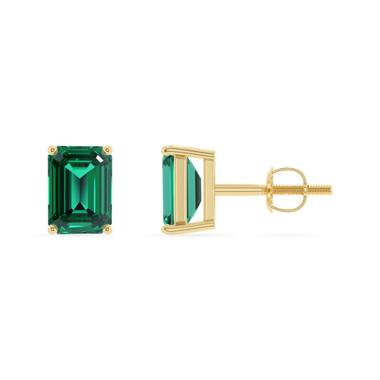 lab grown emerald octogon cut stud earrings in yellow gold 