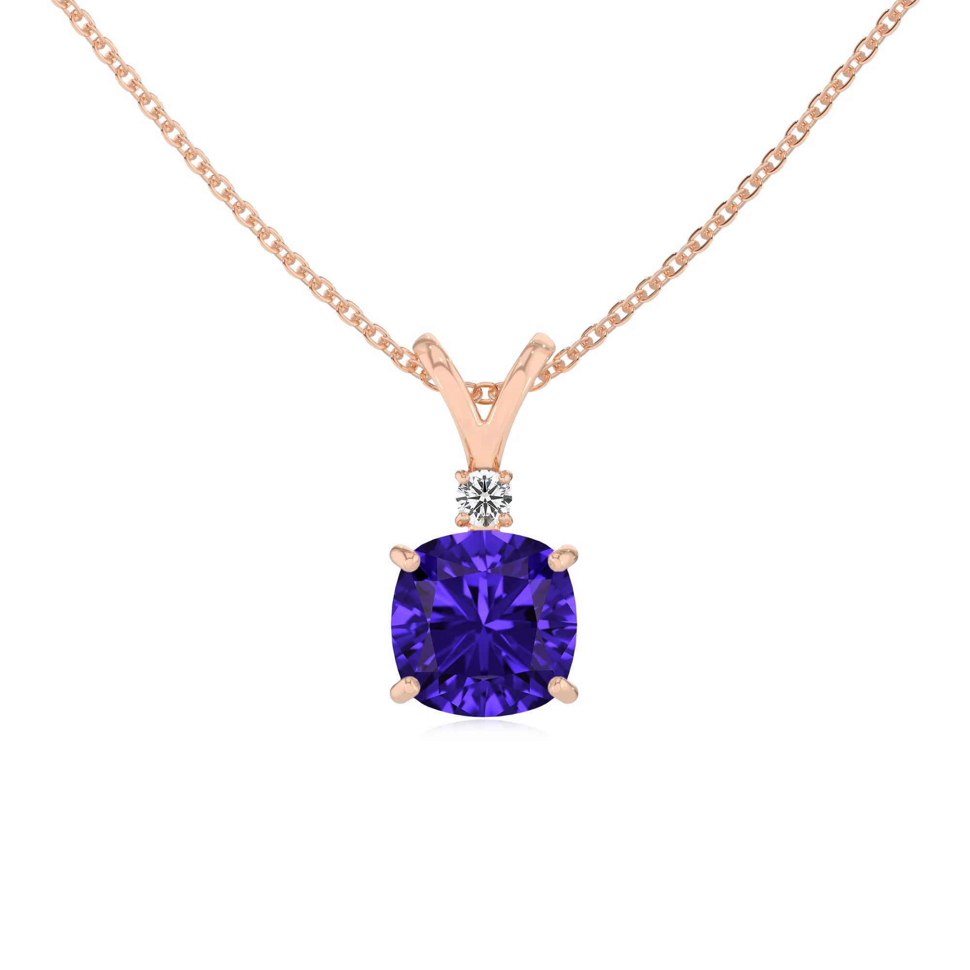 lab grown tanzanite cushion solitaire v-bale necklaces in rose gold 
