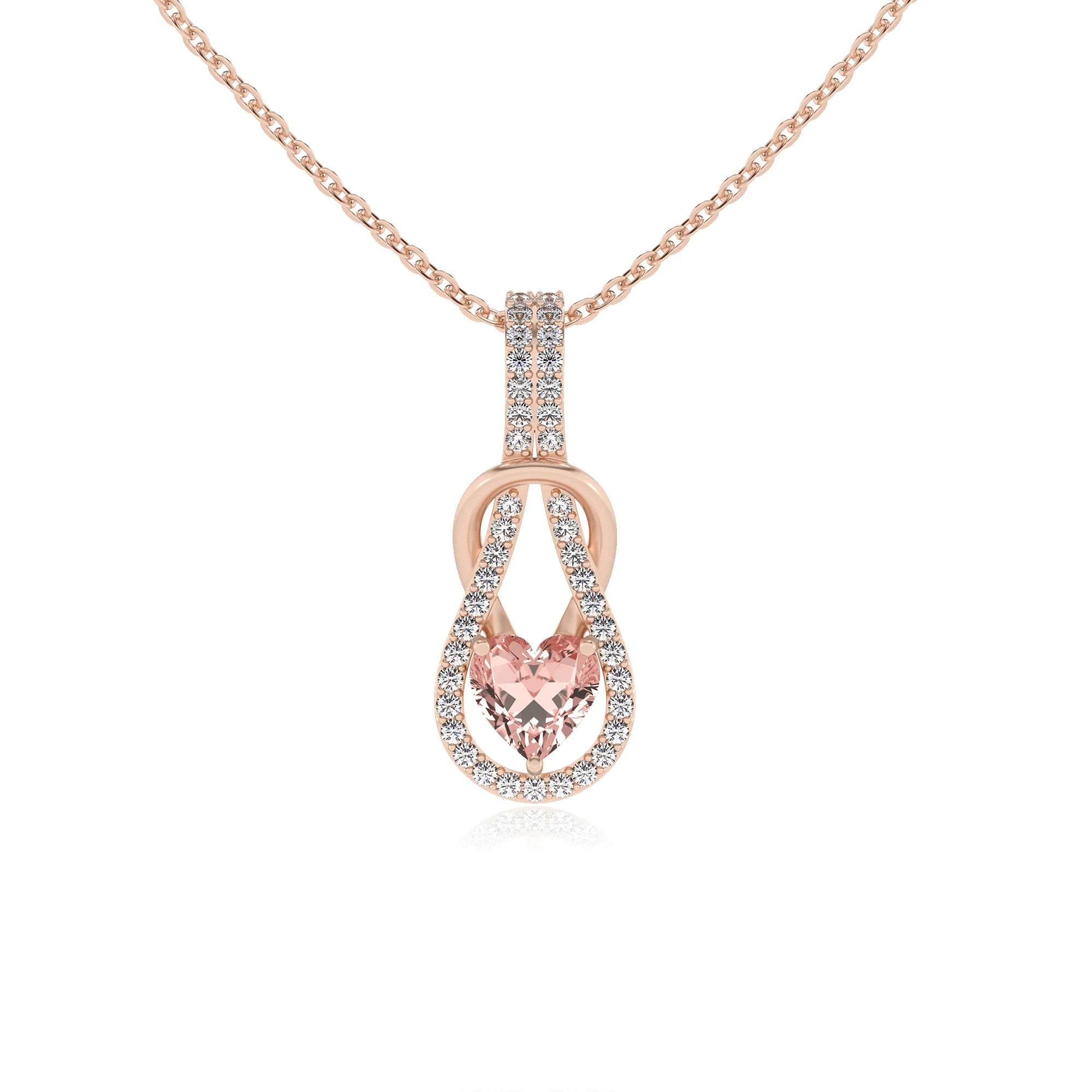 lab grown morganite heart infinity  v-bale necklaces in rose gold 