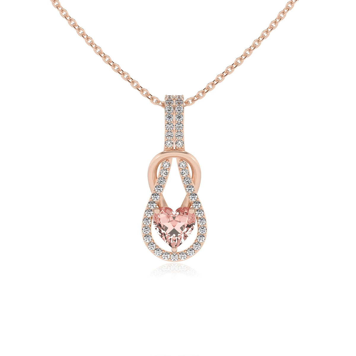 lab grown morganite heart infinity  v-bale necklaces in rose gold 