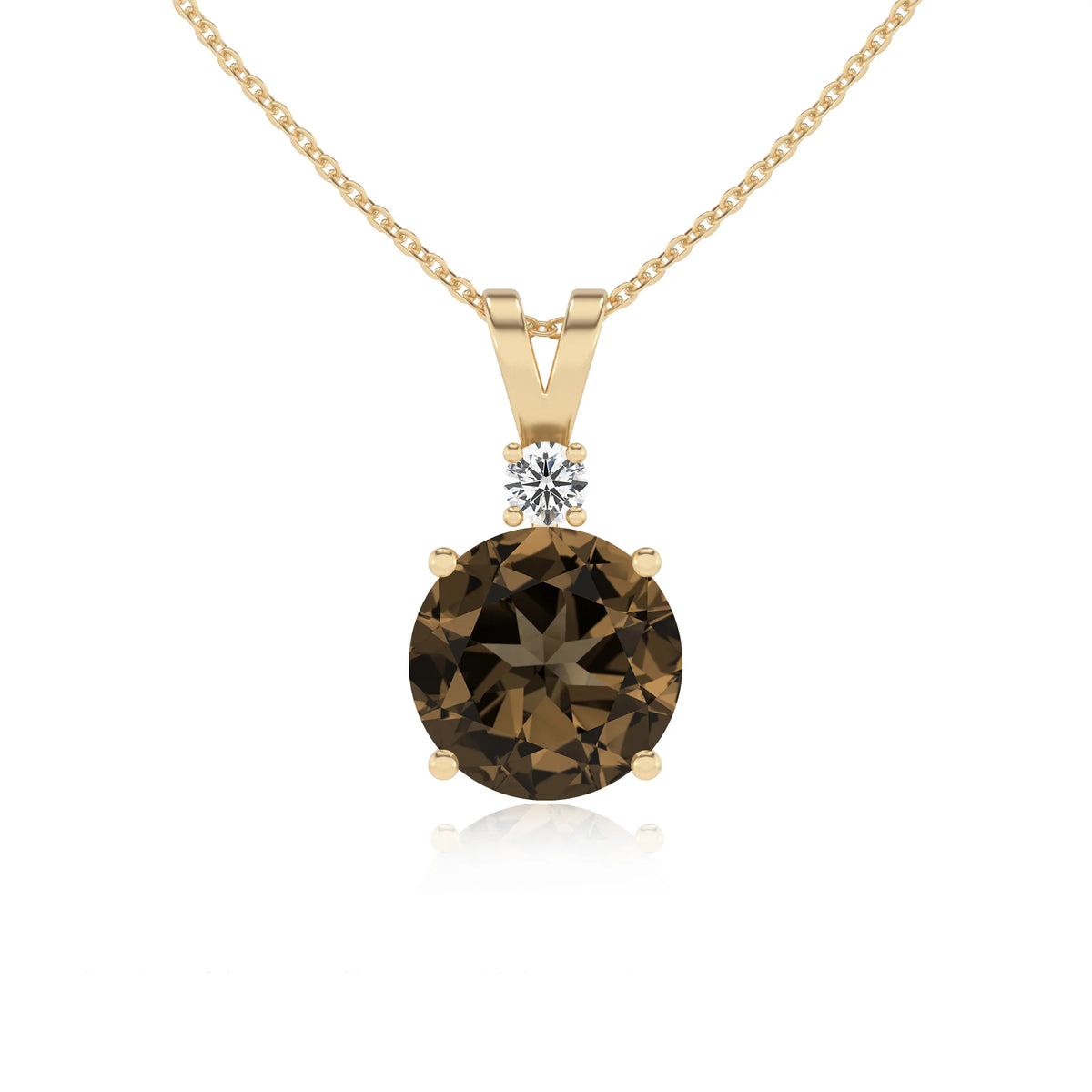 natural smoky-quartz round solitaire v-bale necklaces in yellow gold 