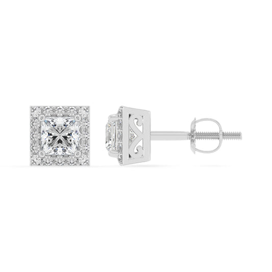 lab grown moissanite princess stud earrings in white gold 