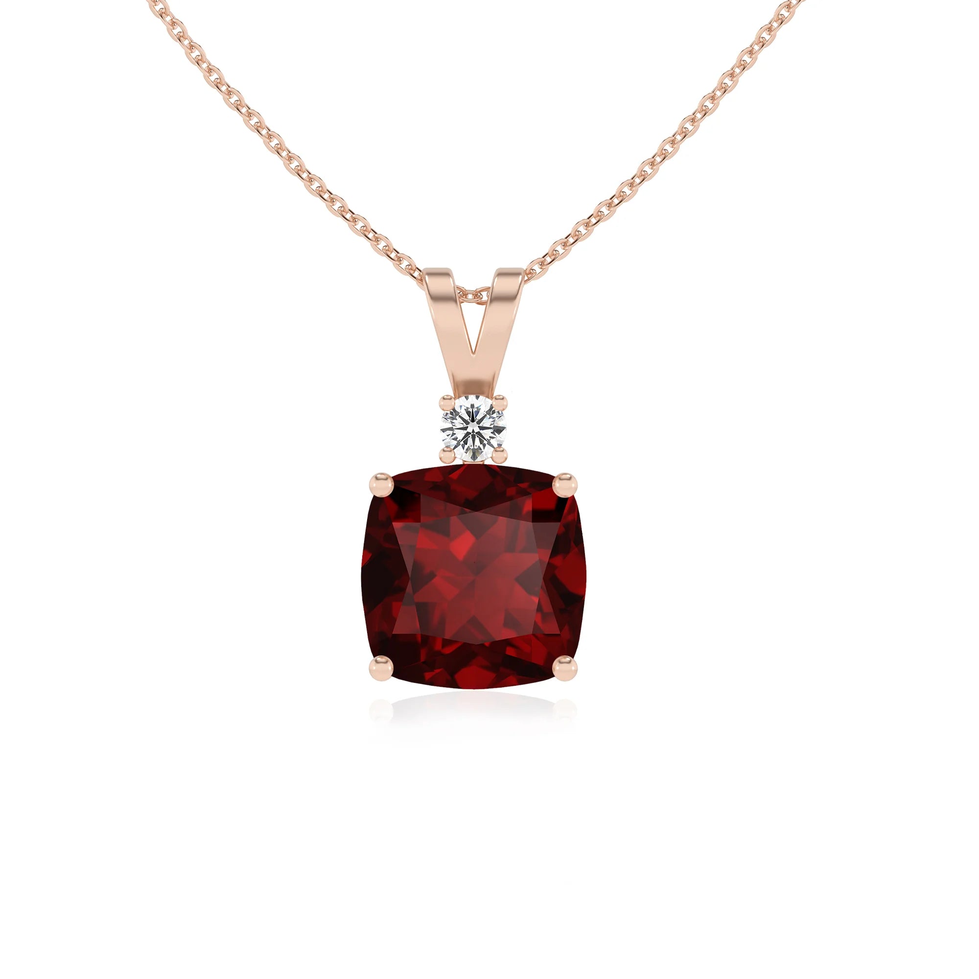 natural garnet cushion solitaire v-bale necklaces in rose gold 
