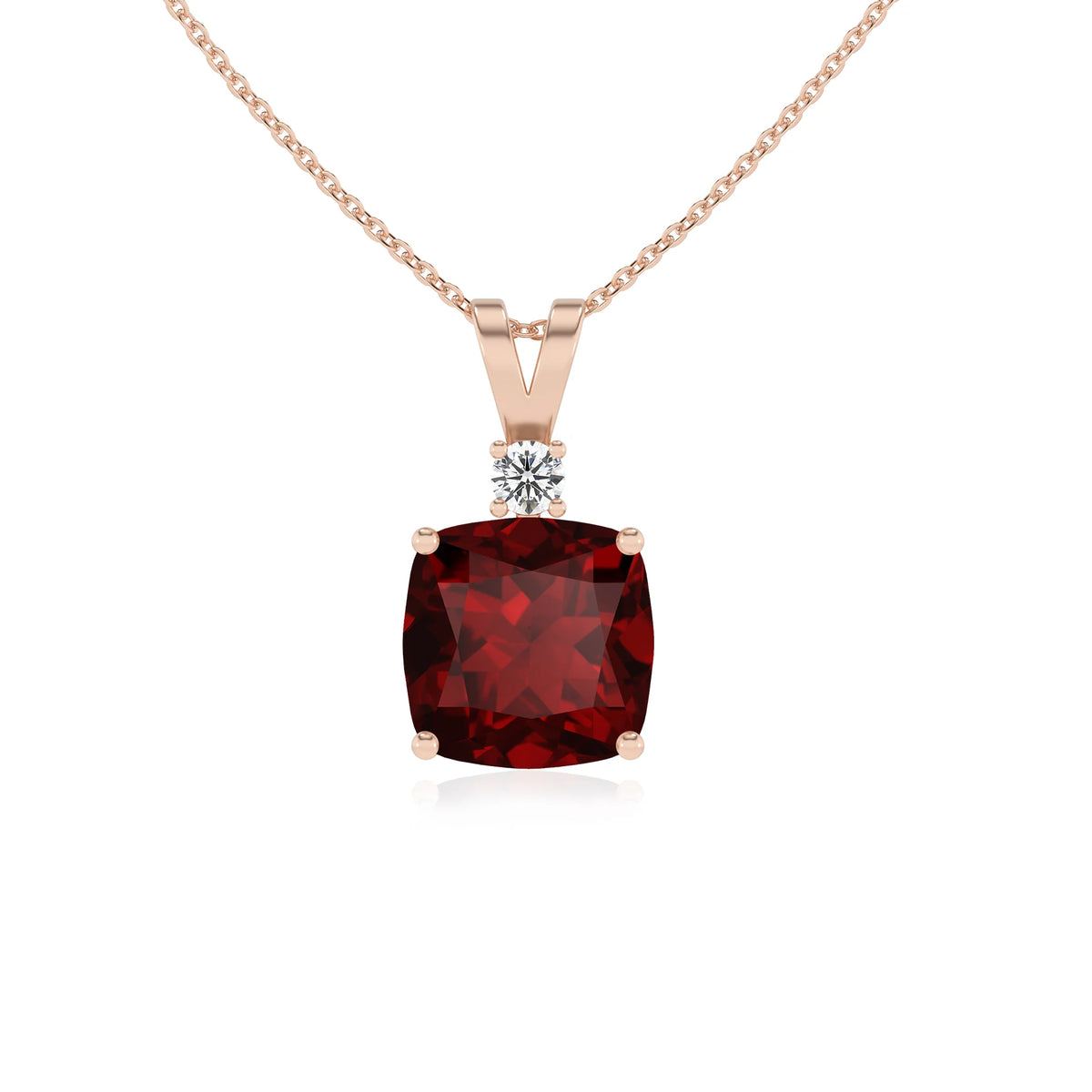 natural garnet cushion solitaire v-bale necklaces in rose gold 