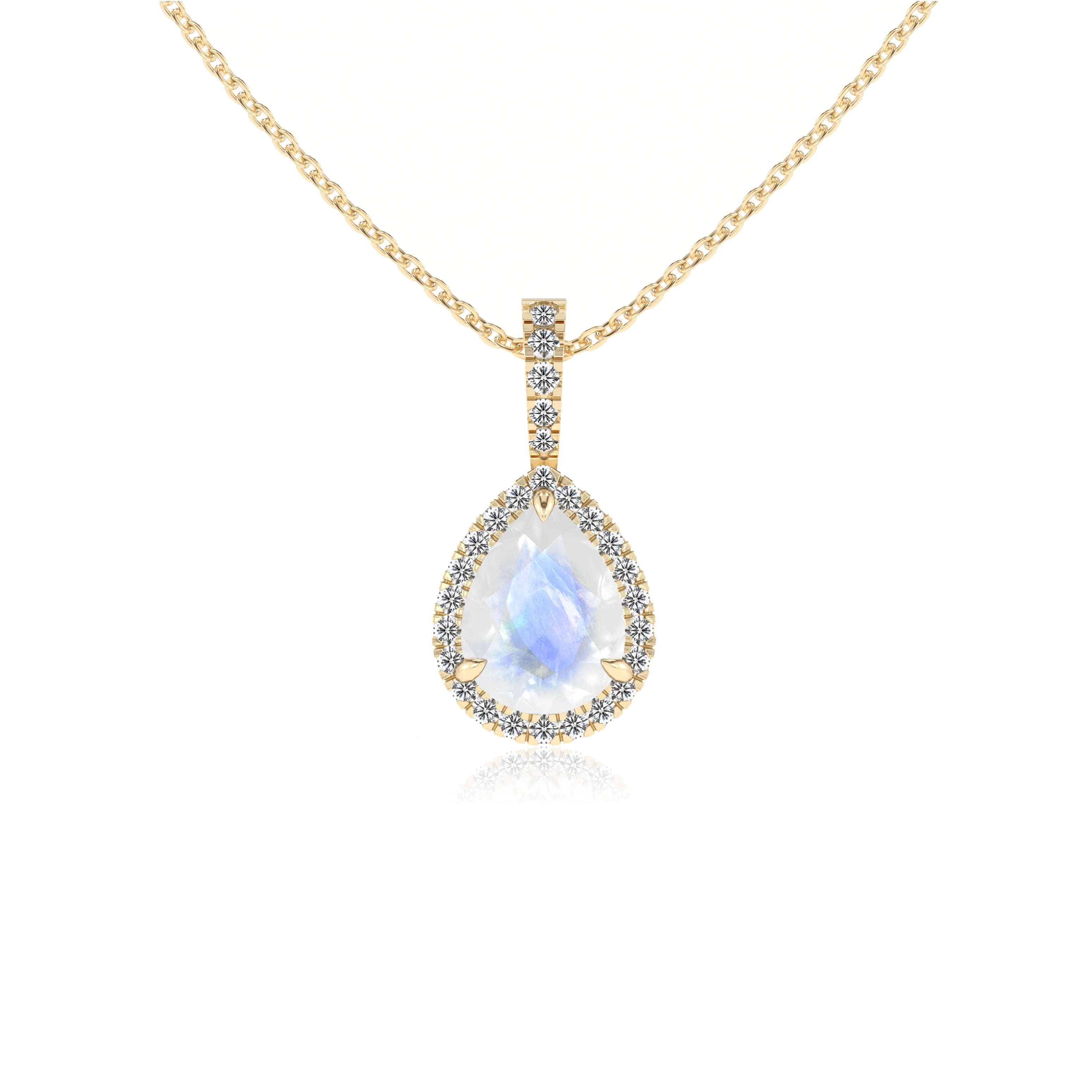natural rainbow-moonstone pear solitaire necklaces in yellow gold 