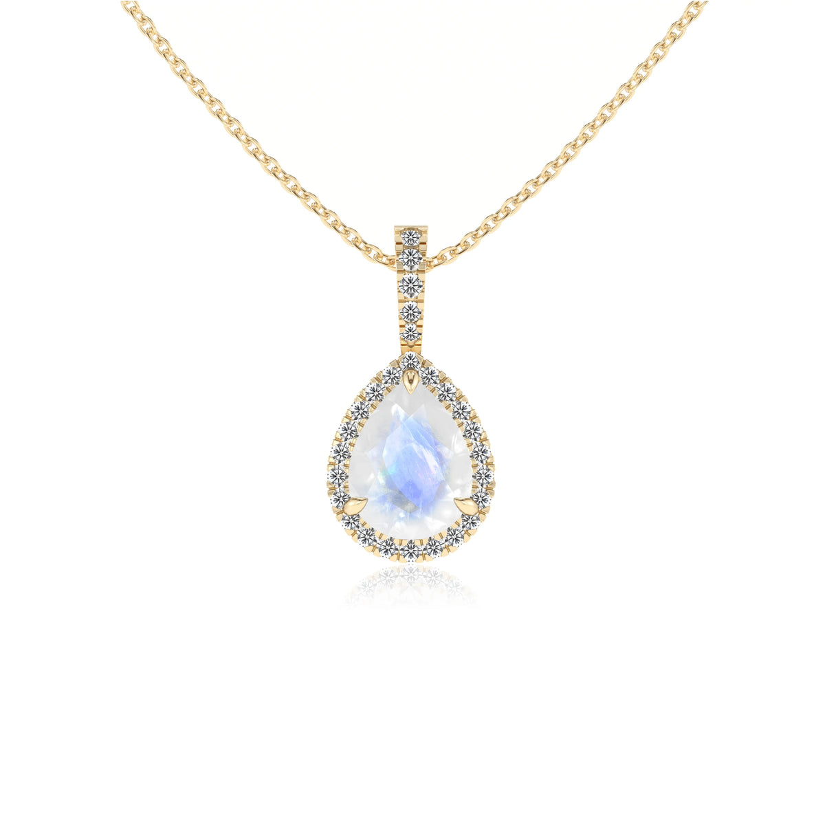 natural rainbow-moonstone pear solitaire necklaces in yellow gold 