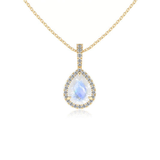 natural rainbow-moonstone pear solitaire necklaces in yellow gold 