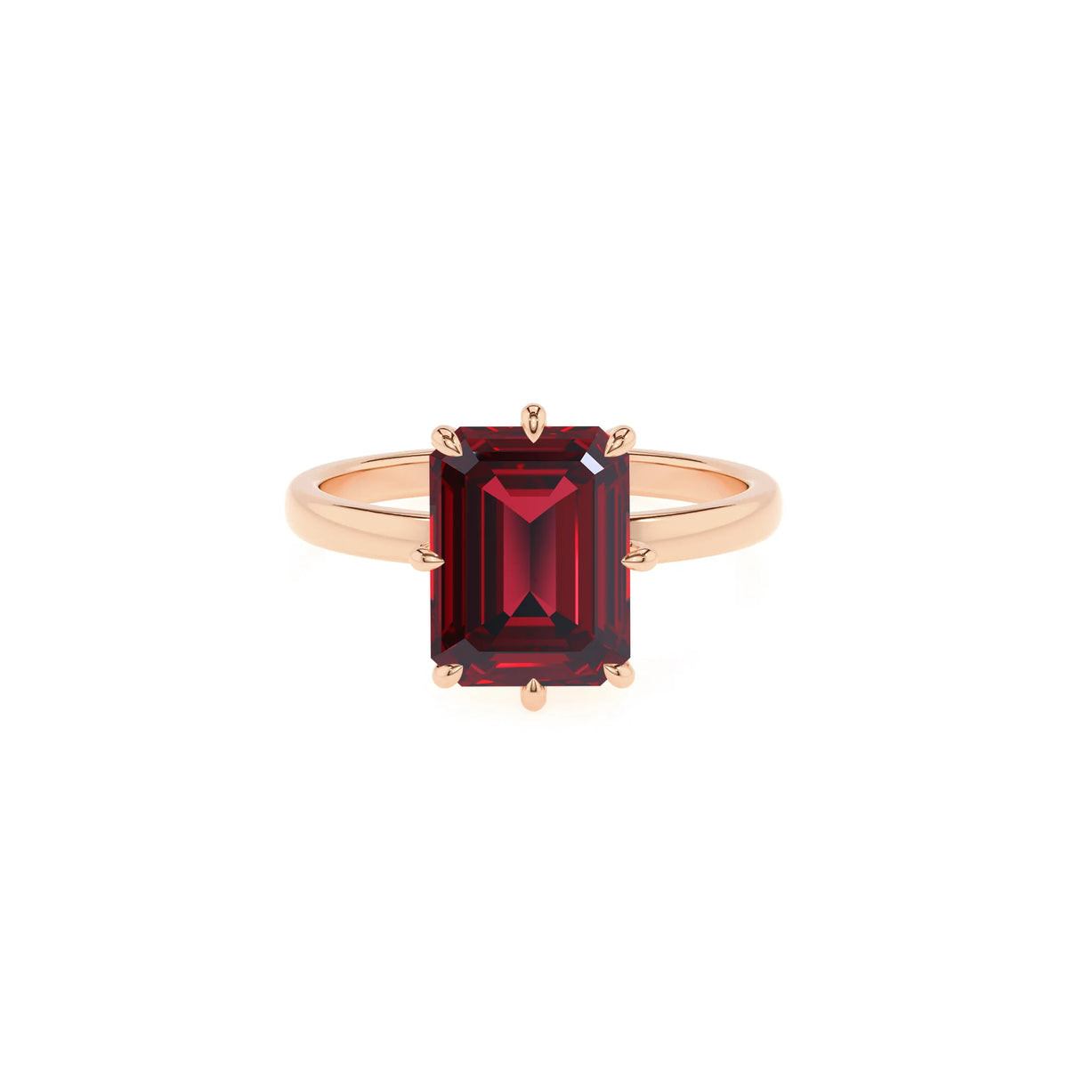 lab grown ruby emerald cut solitaire rings in rose gold 