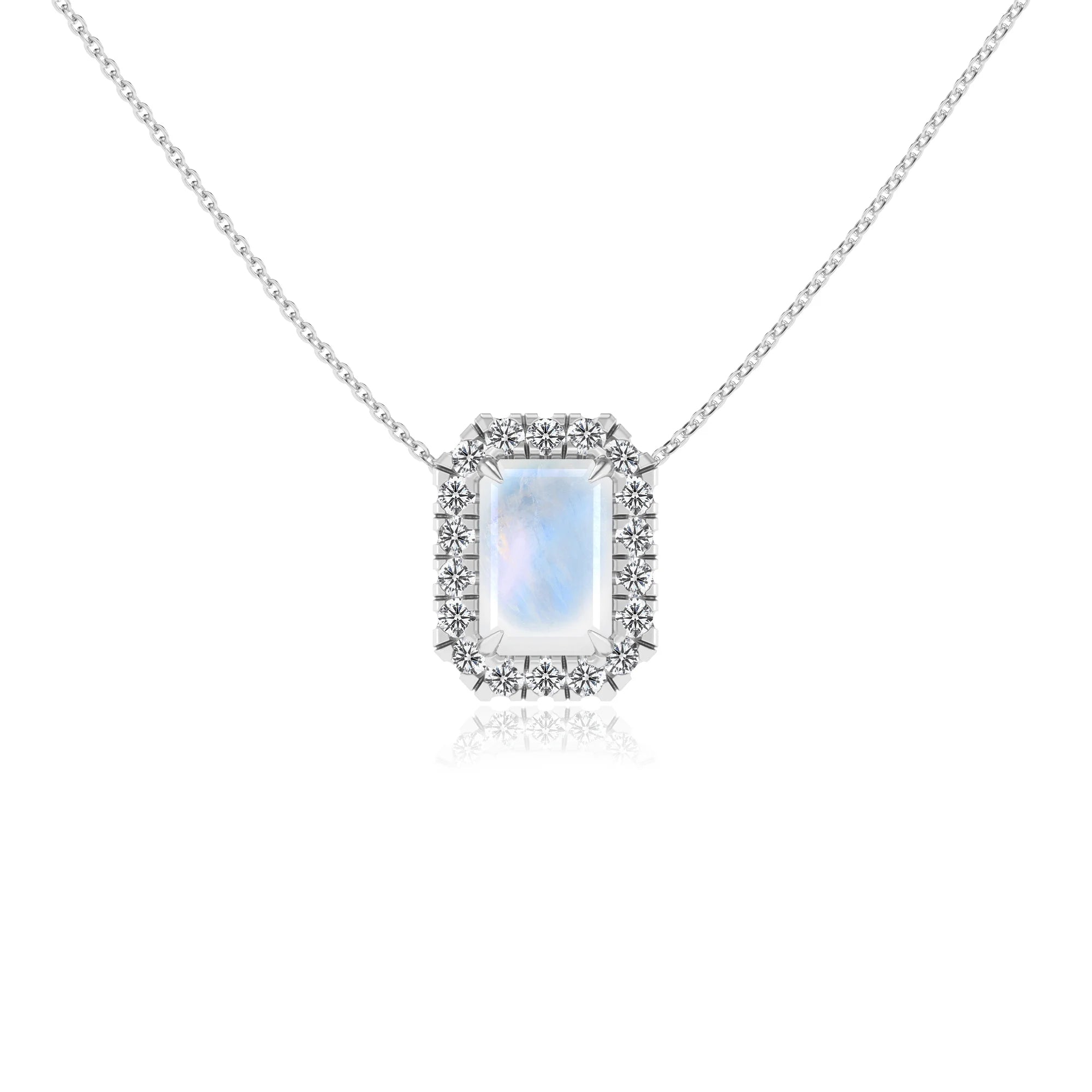natural rainbow moonstone emerald cut solitaire necklaces in white gold 