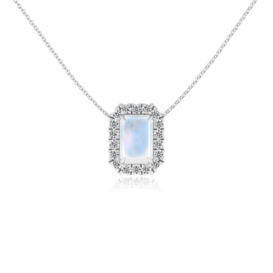 natural rainbow moonstone emerald cut solitaire necklaces in white gold 