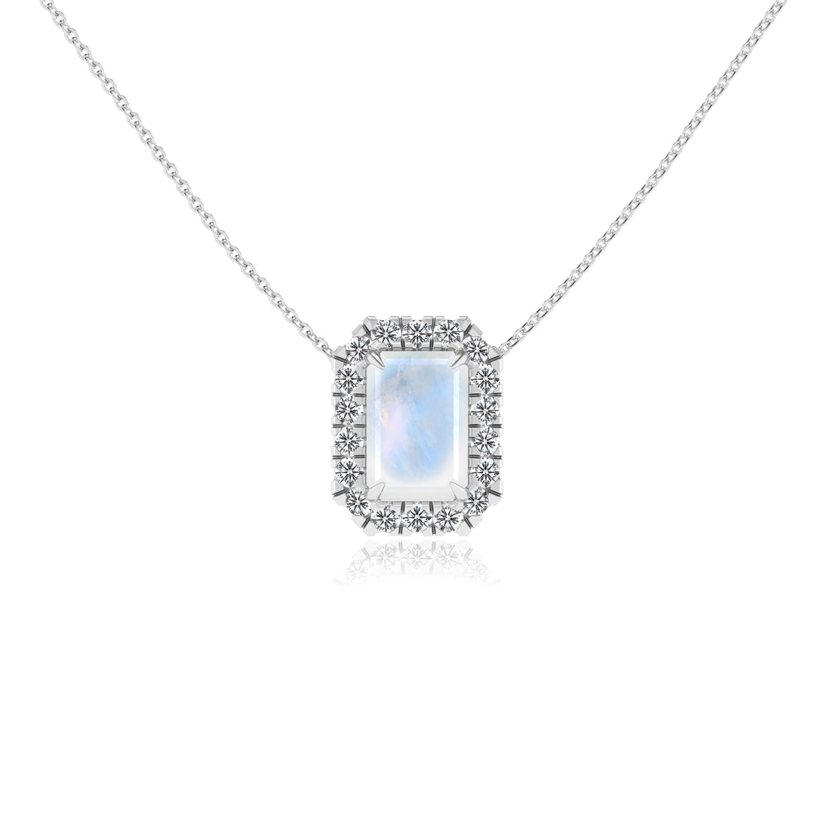 natural rainbow moonstone emerald cut solitaire necklaces in white gold 