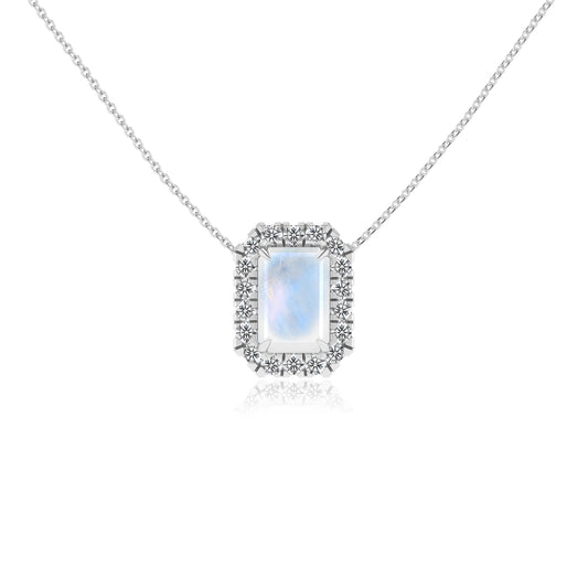 natural rainbow moonstone emerald cut solitaire necklaces in white gold 