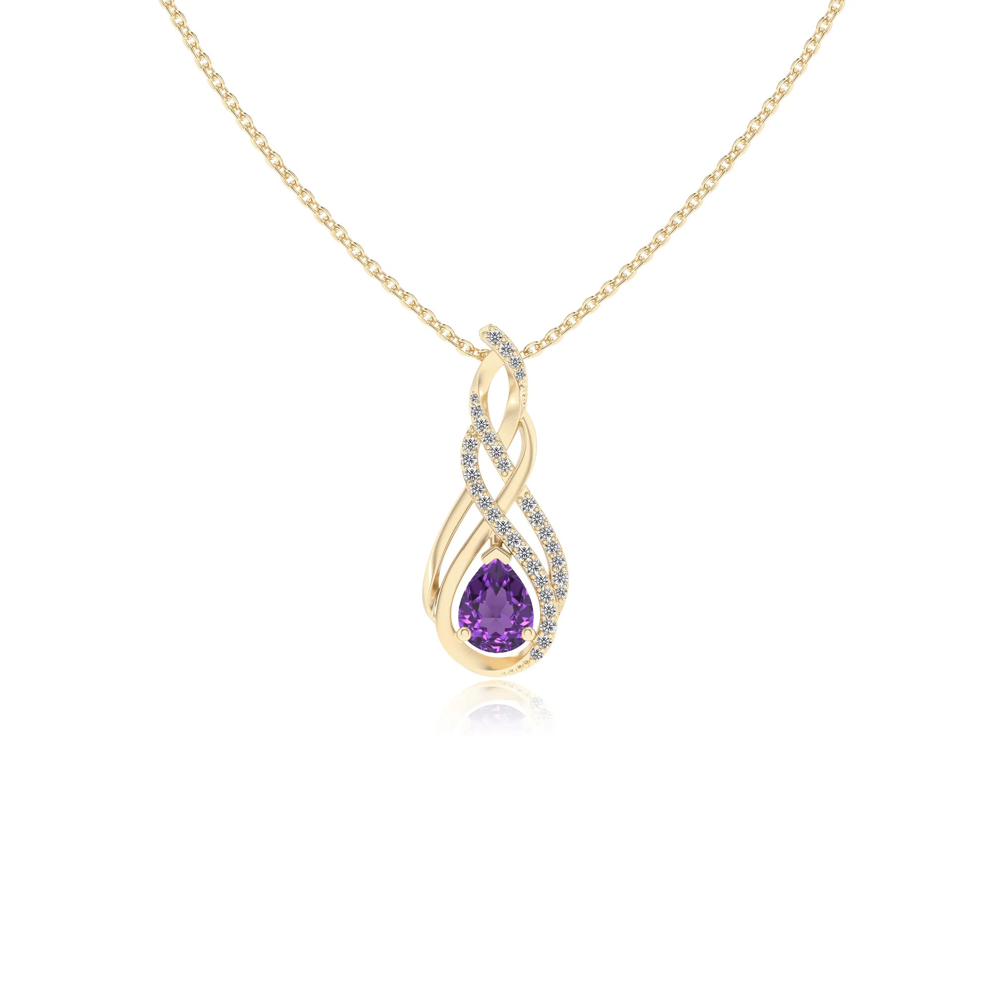 lab grown amethyst pear solitaire necklaces in yellow gold 