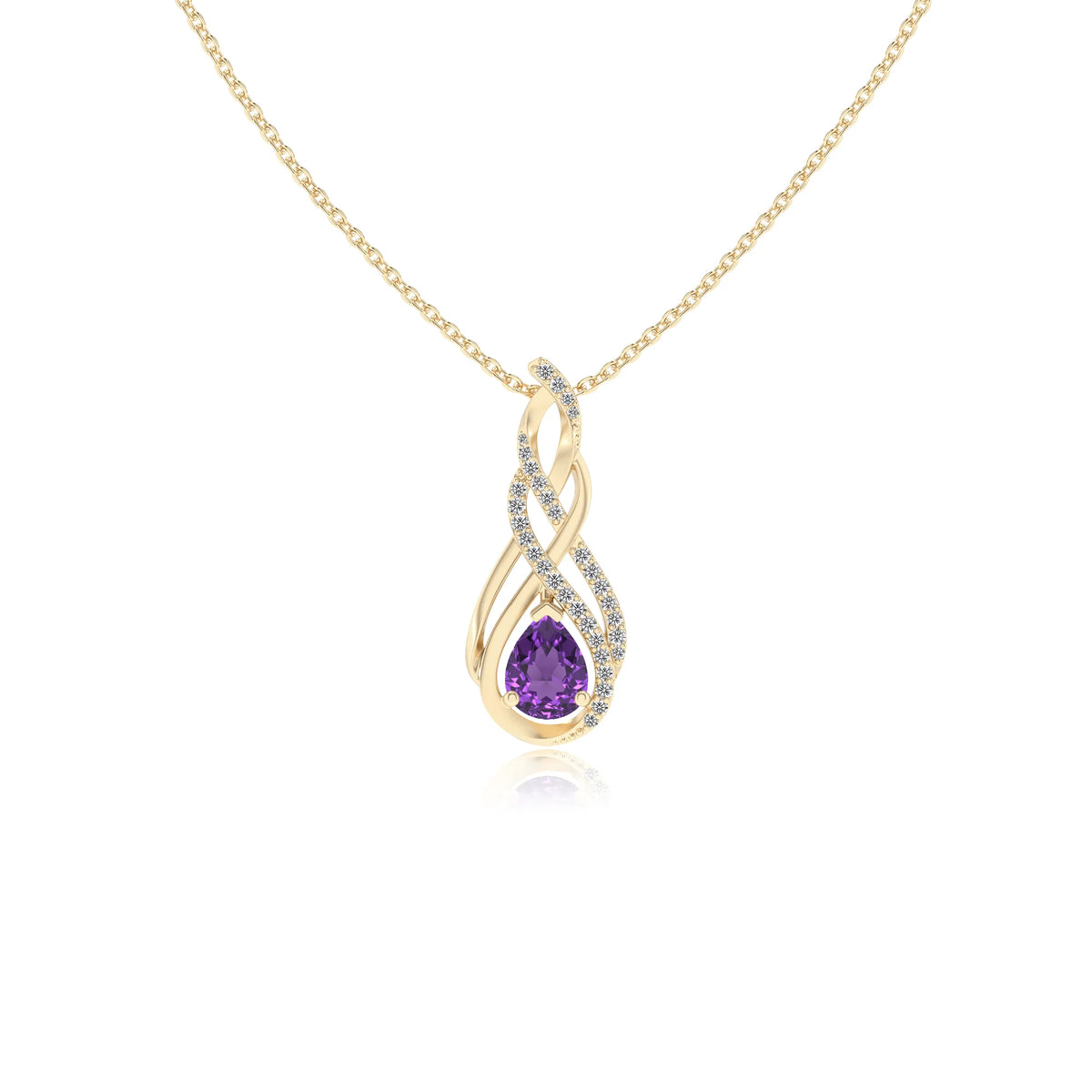lab grown amethyst pear solitaire necklaces in yellow gold 
