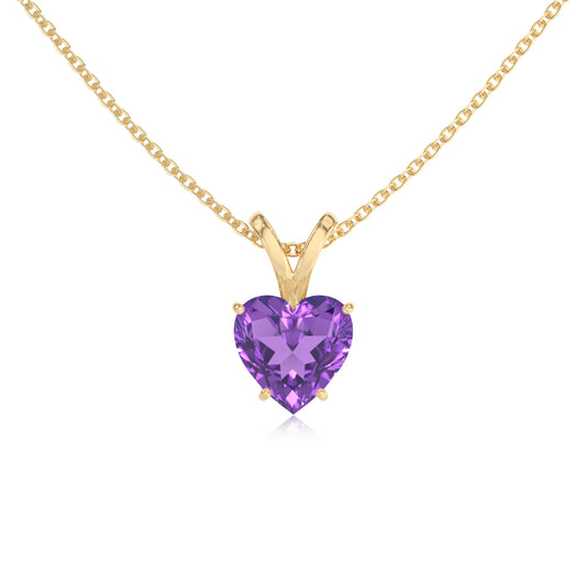 lab grown amethyst heart solitaire v-bale necklaces in yellow gold 