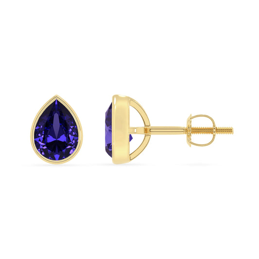 lab grown tanzanite pear stud earrings in yellow gold 
