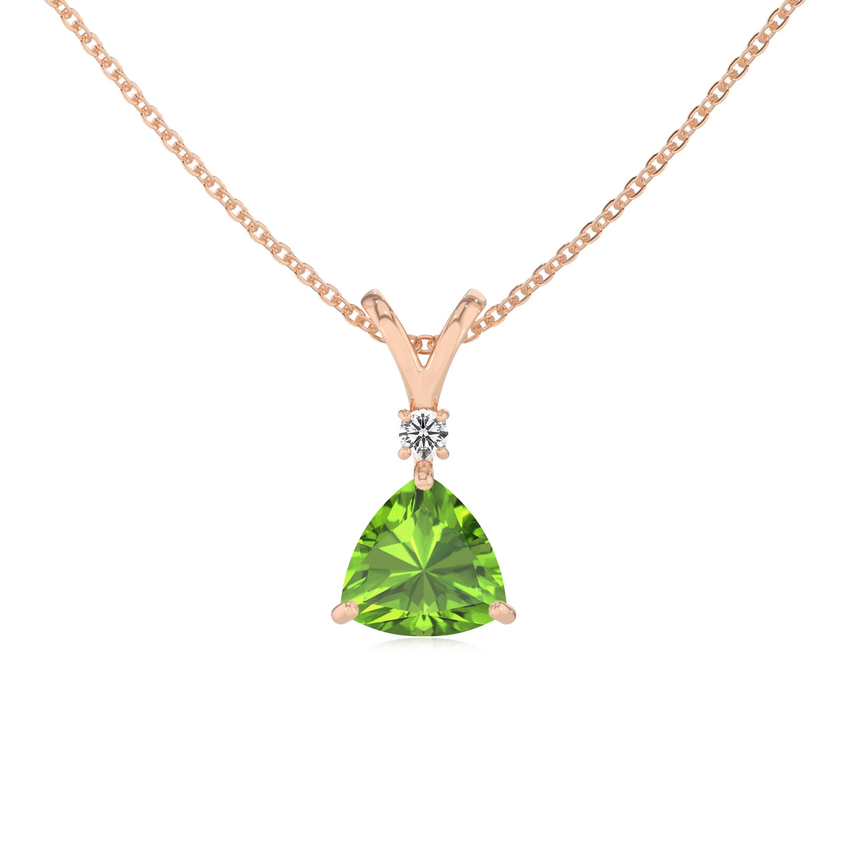 natural peridot trillion solitaire v-bale necklaces in rose gold 