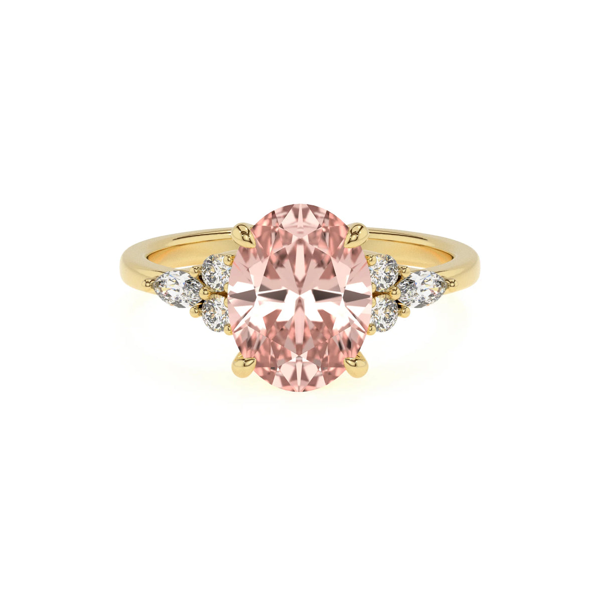 lab grown morganite oval solitaire rings in yellow gold 