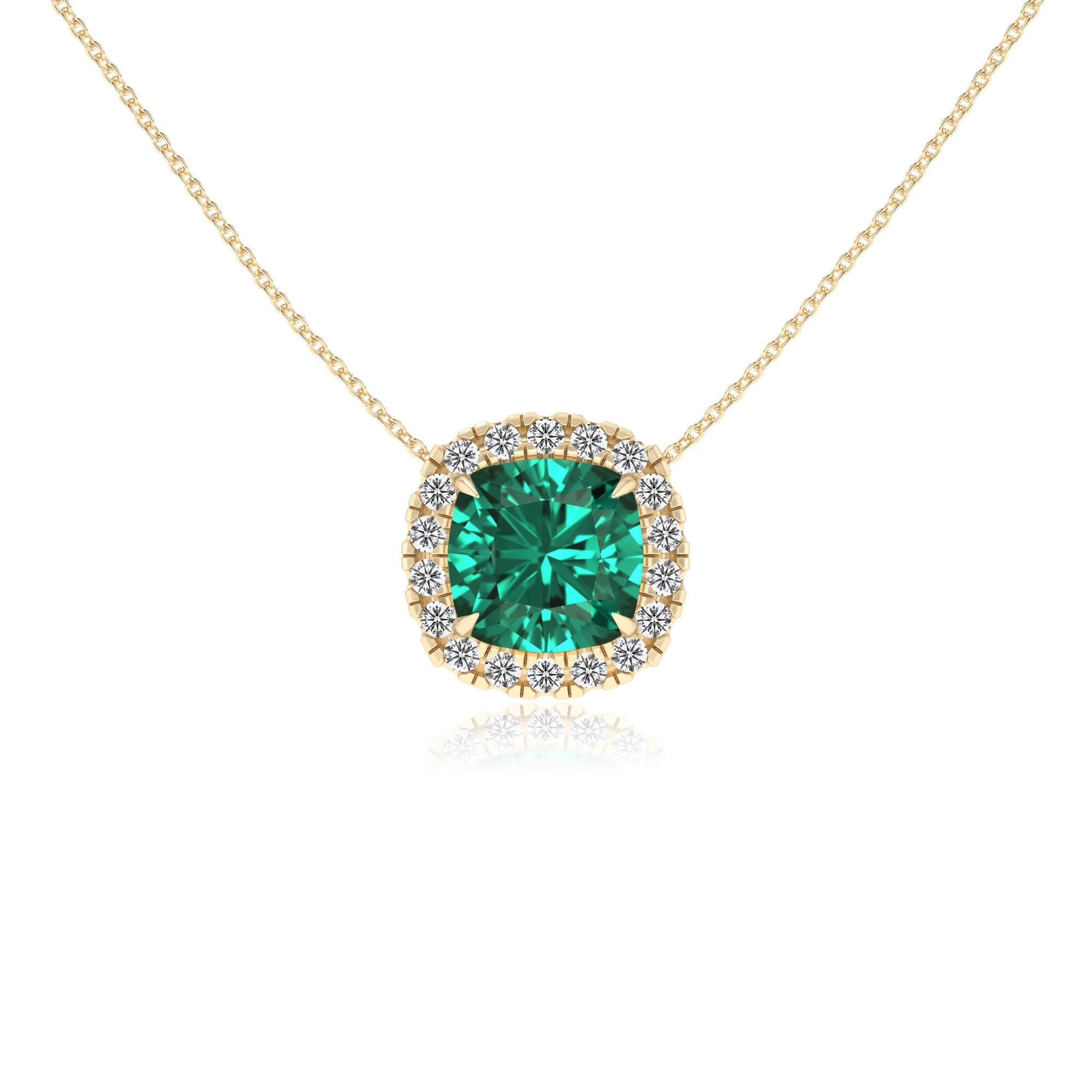 lab grown emerald cushion solitaire necklaces in yellow gold 