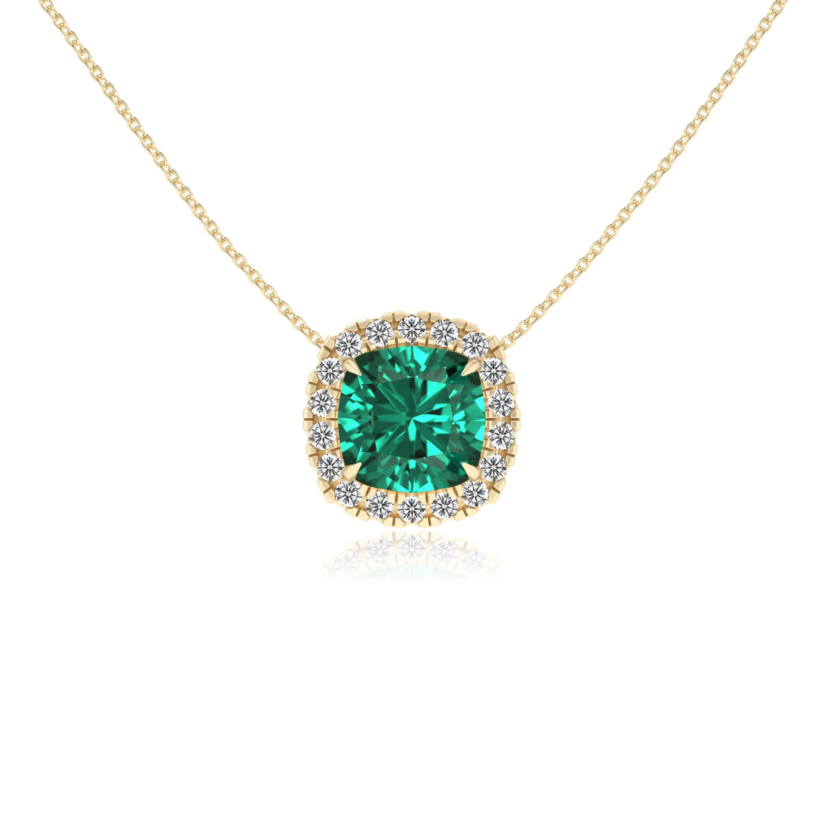 lab grown emerald cushion solitaire necklaces in yellow gold 