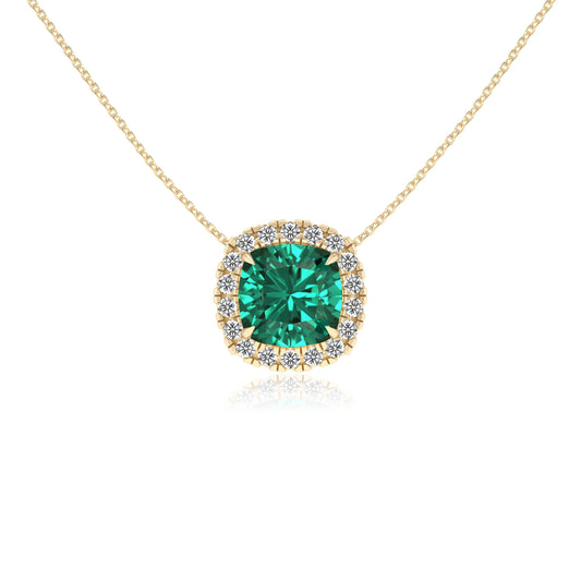 lab grown emerald cushion solitaire necklaces in yellow gold 