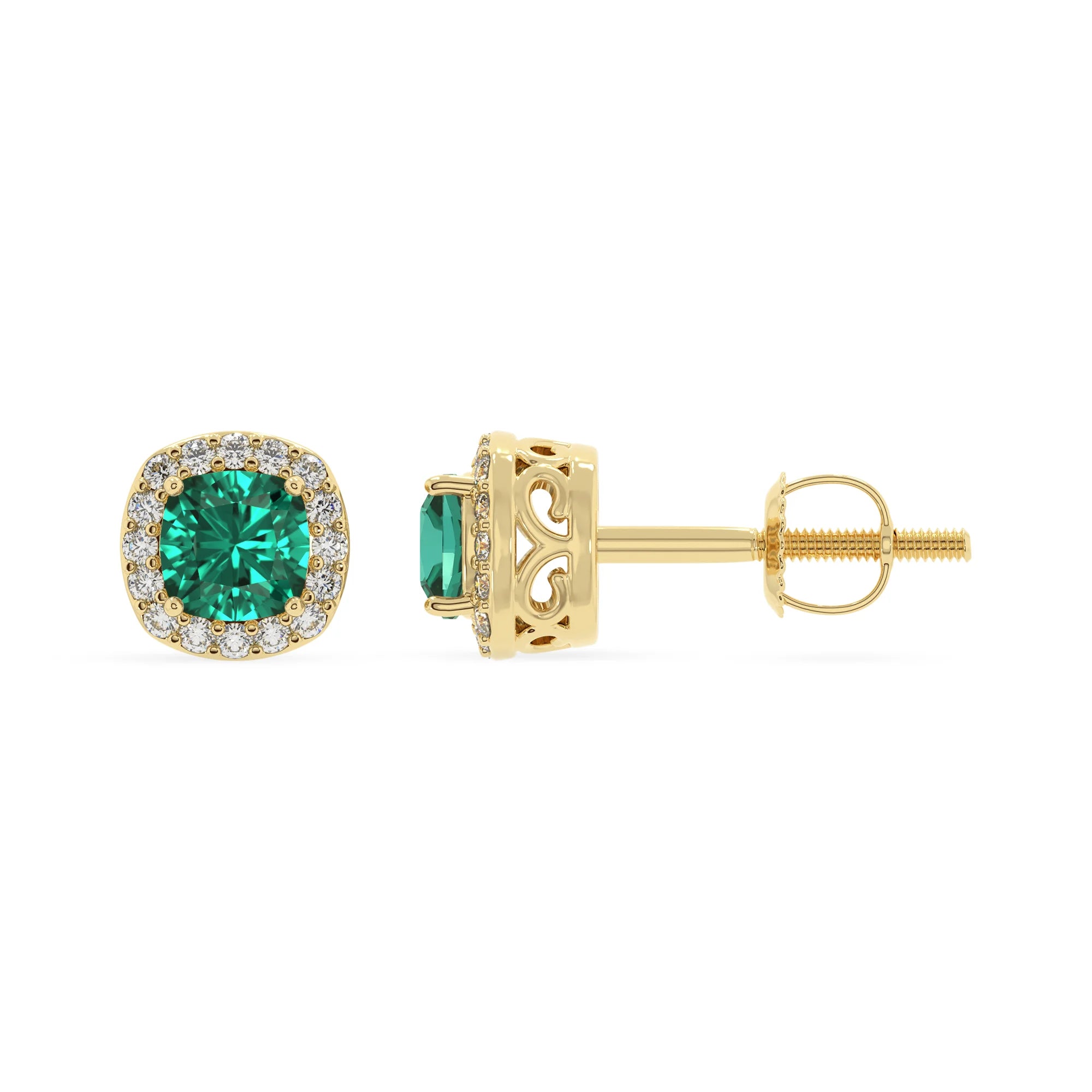 lab grown emerald cushion stud earrings in yellow gold 