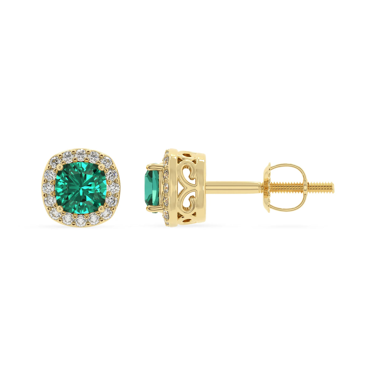 lab grown emerald cushion stud earrings in yellow gold 